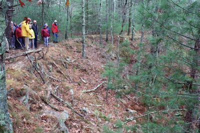 Hammond Quarry
Mattapoisett Land Trust President Mike Huguenin led a group of about 52 people on a walk about Hammond Quarry, a historical property off Mattapoisett Neck Road that the MLT is hoping to acquire next year. Pink granite was mined from the site between the early 1700s through the early 1900s, and the MLT plans to purchase the property to preserve the quarries and carve out trails for public access. Photos by Jean Perry
