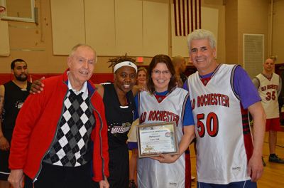 Harlem Ambassadors
The Mattapoisett & Rochester Lions Clubs brought the Harlem Ambassadors to town on Friday and the shot it out with the Tri-Town Trotters, a team of local challengers, in a comedy basketball game. Photos courtesy Rebecca McCullough
