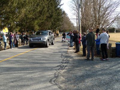 Robert Hiller Homecoming
Robert Hiller III finally returned on March 3 to his Eastover Farms-area home to a grand welcome of family and friends after a bout with the EEE virus that put the Rochester resident in a coma for 19 days and held him in hospital care for seven months. "Excited, happy to be home, happy to see my family, my house and all my friends," Hiller said from his driveway amidst a couple of hundred supporters and media coverage. Photo by Mick Colageo
