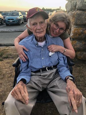 Howard C. Tinkham
Howard C. Tinkham and his daughter Cheryl Baum enjoyed the band concert at Shipyard Park on July 27. Tinkham is recognized by the community's Historical Commission as a Farmer-Friend-Educator with a commemorative brick placed at the site of the former Tripp Mill at Tinkham Pond on Acushnet Road. The Tripp Mill was owned by the Tinkham family for generations and noted as a historical location with an informative plaque. Tinkham is 99-years old and plans to celebrate his next birthday. 
