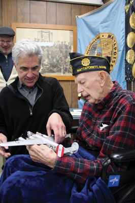 Howard Tinkham
Howard Tinkham’s 100th birthday was celebrated on Sunday with a parade that went from the Florence Eastman Post 280 American Legion in Mattapoisett out to Ned’s Point Lighthouse and back, followed by a party at the hall featuring “God Bless America” and “Happy Birthday” sung by the Showstoppers and refreshments for the many citizens who attended to express their appreciation for all that Tinkham has meant to the town. Photos by Mick Colageo and Jennifer Gerrior
