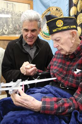 Howard Tinkham
Howard Tinkham’s 100th birthday was celebrated on Sunday with a parade that went from the Florence Eastman Post 280 American Legion in Mattapoisett out to Ned’s Point Lighthouse and back, followed by a party at the hall featuring “God Bless America” and “Happy Birthday” sung by the Showstoppers and refreshments for the many citizens who attended to express their appreciation for all that Tinkham has meant to the town. Photos by Mick Colageo and Jennifer Gerrior
