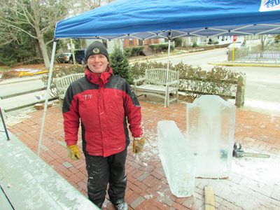 Ice Sculpture at the MAC
Timothy Wade’s before and after photos of his ice sculpture of Santa and Rudolph out of solid blocks of ice in front of the Marion Art Center. Photo by Joan Hartnet-Barry
