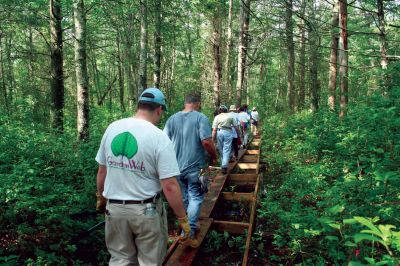 Eastover Trail
A boardwalk stretches through "Eastover South", a new Marion hiking trail that is being built by the Trustees of Reservation and a group of local volunteers. Photo by Robert Chiarito
