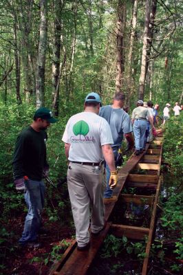 Eastover Trail
A boardwalk stretches through "Eastover South", a new Marion hiking trail that is being built by the Trustees of Reservation and a group of local volunteers. Photo by Robert Chiarito
