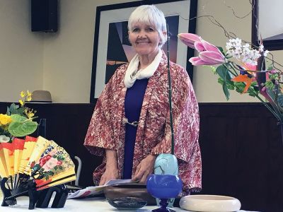 Ikebana
Mattapoisett resident Ellen Flynn gave an Ikebana flower arranging demonstration at the public library on May 5. This type of flower arranging began in 7th century Japan, and Flynn has studied the art form for over 15 years. Reading from a centuries-old verse about Ikebana, Flynn shared that this art form is “like a poem, or a painting.” Photos by Marilou Newell
