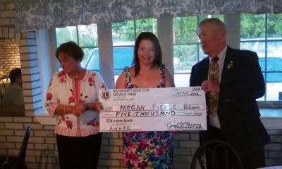 Lions Club Scholarship
Megan Pierce (center) was the recipient of a $5,000.00 Lions Club Scholarship.  Megan will be attending Fitchburg State College in the fall. Presenting her with the check are Past President Helene Rose and King Lion Joe Murray
