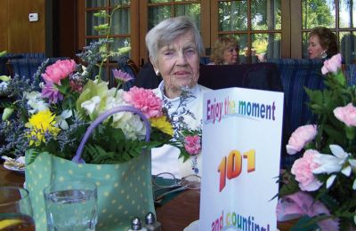 Happy 101st!
Martha Hiller Lorraine, a resident of the Sippican Health Care Center in Marion, celebrated her 101st birthday on May 13, 2010 with a luncheon on the Cape. Photo courtesy of son-in-law Bob Kelley.
