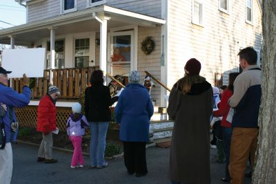 MHS Caroling
The Mattapoisett Historical Society hosted a caroling event on Sunday, December 11, 2011. About 25 people gathered at the Museum and Carriage House at 5 Church Street and then meandered throughout the village to spread Holiday cheer. A caroling favorite for the children was Rudolph the Red Nosed Reindeer and Frosty the Snowman – adult carolers preferred "We Wish You a Merry Christmas". Photo by Anne Kakley.
