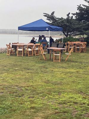 Great Community Picnic
One table of four persisted despite thunder and rain spoiling the August 5 Great Community Picnic, a main fundraiser for the Mattapoisett Land Trust that is annually scheduled at Munro Reserve, The Long Wharf. The folks are Gail Carlson, Mary Lou Manley, Ann Danforth, and Joe Dinos, all of Mattapoisett. Hearty New Englanders! Photos by Mike Huguenin, MLT
