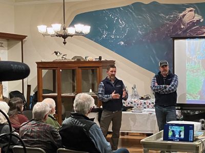 Marion Natural History Museum
Friday night the Marion Natural History Museum hosted a standing-room-only presentation about the Black Bear population in Massachusetts. According to state fish and wildlife biologists Jason Zimmer and Steven Wright, the population is rapidly expanding into the eastern part of our state. Jason gave us some good tips to keep black bears out of our property, including removing bird feeders, covering and keeping our garbage contained, and how to keep bears out of our livestock. The museum wishes to thank Jaso
