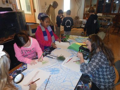 Marion Natural History Museum
Last week the Marion Natural History Museum’s afterschool crew explored a variety of ways to identify trees without their leaves. By looking at bark, leaf scar arrangement and even using their sense of smell, the students had a chance to explore trees and woody shrubs without their usual foliage.  Photo courtesy Elizabeth Leidhold
