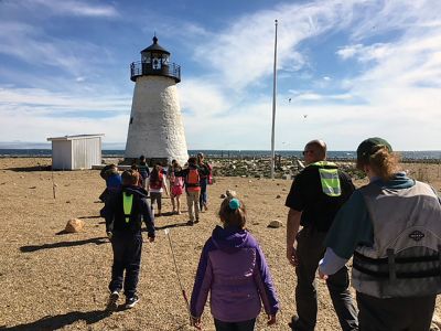 Marion Natural History Museum
The Marion Natural History Museum's afterschool group enjoyed learning the history of the Bird Island lighthouse and viewing the return of the birds to the island. We spotted roseate terns, common terns, oyster catchers, some unhappy Canadian geese, and a nesting mallard duck. We also learned about the recent restoration efforts made by the state Department of Fish and Wildlife to improve drainage and provide adequate nesting habitat for the returning birds. We wish to thank Isaac and Pete of the Marion Har
