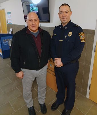 Marion Police
New area resident and former Bridgewater Police Captain Carl McDermott III, left with Marion Chief of Police Richard Nighelli, was appointed Monday by the Select Board as a special police officer effective February 12 for a one-year probationary period. Photo by Mick Colageo
