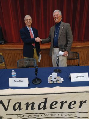 Marion Select Board Candidates
Marion Select Board candidates Toby Burr and Ed Hoffer shared the stage on Friday at the Music Hall in a candidates’ event organized by The Wanderer and moderated by Jim Bride of the Sippican Lands Trust. Planning Board candidates Tucker Burr, Andrew Daniel and W. Dale Jones also participated. Photos by Mick Colageo
