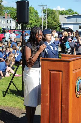 Marion’s Memorial Day Remembrances
Young and old participated in Marion’s Memorial Day Remembrances held at the Music Hall and Old Landing. Old Rochester junior Emerson Roy of Fairhaven sang “God Bless America,” ORR eighth-grader Sophie Zhou of Marion read The Gettysburg Address, and joining the march were the Sippican School Marching Band and Portuguese American Band, and the Cub Scouts, Boy Scouts and Girl Scouts of Marion, who led the Pledge of Allegiance. Tabor Academy sophomore Gia Boyd of Marion read “In Flanders Fields,” and Air Force
