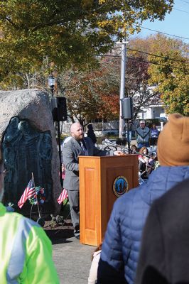 Veterans Day
Peter O'Brien, Marine Corps Master Gunnery Sergeant, Operations Chief, gave the keynote address during Saturday’s Veterans Day ceremony held by the Town of Marion at Old Landing Veterans Park on Front Street. The Sippican Elementary School Band, led by Mrs. Hannah Moore, performed selections of patriotic music. Photos by Mick Colageo
