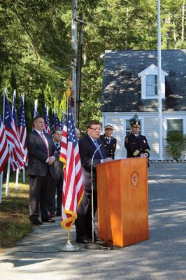 September 11 Ceremony
The Town of Marion held a ceremony on September 11 to mark the 20th anniversary of the terrorist attacks on the United States, the courage shown by first responders, and the memory of those who made the ultimate sacrifice in service to their nation. Senator Marc R. Pacheco was on hand and joined Marion officials in addressing the gathering. Pictured from left: Town Administrator Jay McGrail, Select Board member John Waterman, Senator Pacheco, Select Board member Randy Parker, Chief of Police Richard Nighell
