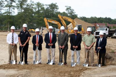 Police Station Ground Breaking
Construction on the new Marion Police Station officially began on September 8, 2009 with a groundbreaking ceremony. Among those present were Police Chief Lincoln Miller, Chairman of the Board of Selectmen Stephen Cushing, Selectmen Roger Blanchette and Jonathan Henry, Project Manager Rick Pomeroy, Architect Brian Humes, Building Committee Chairman Dale Jones, and Jonathan Scully of B.C. Construction. Photo by Anne O'Brien-Kakley
