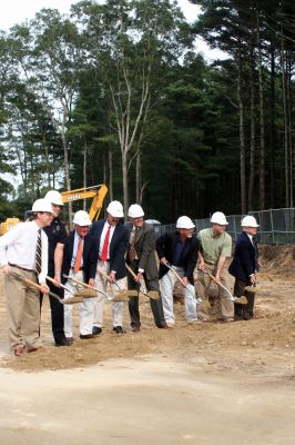 Police Station Ground Breaking
Construction on the new Marion Police Station officially began on September 8, 2009 with a groundbreaking ceremony. Among those present were Police Chief Lincoln Miller, Chairman of the Board of Selectmen Stephen Cushing, Selectmen Roger Blanchette and Jonathan Henry, Project Manager Rick Pomeroy, Architect Brian Humes, Building Committee Chairman Dale Jones, and Jonathan Scully of B.C. Construction. Photo by Anne O'Brien-Kakley
