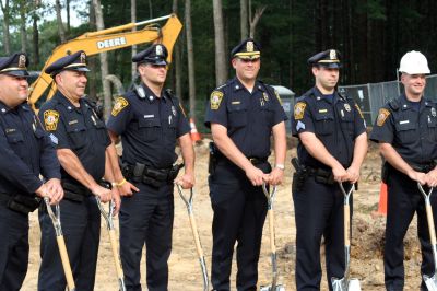 Police Station Ground Breaking
Construction on the new Marion Police Station officially began on September 8, 2009 with a groundbreaking ceremony. Among those present were Police Chief Lincoln Miller, Chairman of the Board of Selectmen Stephen Cushing, Selectmen Roger Blanchette and Jonathan Henry, Project Manager Rick Pomeroy, Architect Brian Humes, Building Committee Chairman Dale Jones, and Jonathan Scully of B.C. Construction. Photo by Anne O'Brien-Kakley
