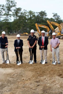 Police Station Ground Breaking
Construction on the new Marion Police Station officially began on September 8, 2009 with a groundbreaking ceremony. Among those present were Police Chief Lincoln Miller, Chairman of the Board of Selectmen Stephen Cushing, Selectmen Roger Blanchette and Jonathan Henry, Project Manager Rick Pomeroy, Architect Brian Humes, Building Committee Chairman Dale Jones, and Jonathan Scully of B.C. Construction. Photo by Anne O'Brien-Kakley
