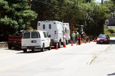 Gas Leak
An Nstar crew works to repair a gas main that was damaged by a backhoe on Front Street just south of Route 6. Several buildings were evacuated as a precaution while the leak was brought under control. Photo by Paul Lopes
