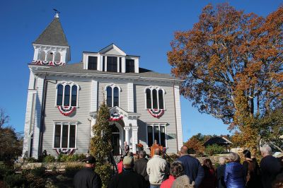 Marion Town House
November 6 dedication of the Marion Town House. Select Board member Randy Parker cuts the ribbon, reopening the renovated Town House to Marion citizens. Sherman Briggs, Nate Burgess, Shaun Cormier, Francisco Tavares, Peter Turowski and Mike Vareika were among contributors recognized during the festivities, after which visitors were invited inside the building where renovation work is ongoing. Photos by Mick Colageo
