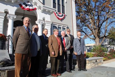 Marion Town House
November 6 dedication of the Marion Town House. Select Board member Randy Parker cuts the ribbon, reopening the renovated Town House to Marion citizens. Sherman Briggs, Nate Burgess, Shaun Cormier, Francisco Tavares, Peter Turowski and Mike Vareika were among contributors recognized during the festivities, after which visitors were invited inside the building where renovation work is ongoing. Photos by Mick Colageo
