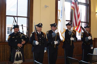 Marion’s new Fire Chief 
Marion’s new Fire Chief Brian Jackvony was sworn in on June 30 during a ceremony at the Marion Music Hall with the Board of Selectmen. Jackvony comes to Marion from the Town of Cumberland, Rhode Island where he was the assistant fire chief for eight years, after 24 years with the Providence Fire Department. Photo by Jean Perry
