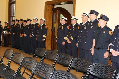 Marion’s new Fire Chief 
Marion’s new Fire Chief Brian Jackvony was sworn in on June 30 during a ceremony at the Marion Music Hall with the Board of Selectmen. Jackvony comes to Marion from the Town of Cumberland, Rhode Island where he was the assistant fire chief for eight years, after 24 years with the Providence Fire Department. Photo by Jean Perry
