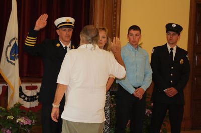 Marion’s new Fire Chief 
Marion’s new Fire Chief Brian Jackvony was sworn in on June 30 during a ceremony at the Marion Music Hall with the Board of Selectmen. Jackvony comes to Marion from the Town of Cumberland, Rhode Island where he was the assistant fire chief for eight years, after 24 years with the Providence Fire Department. Photo by Jean Perry
