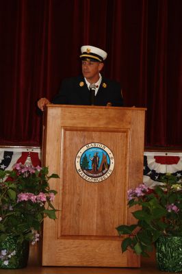 Marion’s new Fire Chief 
Marion’s new Fire Chief Brian Jackvony was sworn in on June 30 during a ceremony at the Marion Music Hall with the Board of Selectmen. Jackvony comes to Marion from the Town of Cumberland, Rhode Island where he was the assistant fire chief for eight years, after 24 years with the Providence Fire Department. Photo by Jean Perry
