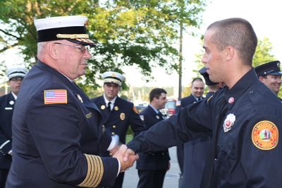 Marion’s new Fire Chief 
Marion’s new Fire Chief Brian Jackvony was sworn in on June 30 during a ceremony at the Marion Music Hall with the Board of Selectmen. Jackvony comes to Marion from the Town of Cumberland, Rhode Island where he was the assistant fire chief for eight years, after 24 years with the Providence Fire Department. Photo by Jean Perry
