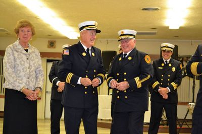 Marion Fire Department
The Marion Fire Department celebrated the careers of three of its retiring firefighters on November 8. Deputy Chiefs William Scott, Charles Blanchette, and Scott Cowell were toasted (and roasted) by Marion Fire Chief Thomas Joyce before family and friends at the Marion VFW Saturday night. The wives of MacDougal and Blanchette, and the daughter of Cowell, attached new deputy chief badges on the three gentlemen during the pinning ceremony, and the three selectmen honored the retiring chiefs with gifts. 
