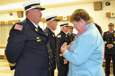 Marion Fire Department
The Marion Fire Department celebrated the careers of three of its retiring firefighters on November 8. Deputy Chiefs William Scott, Charles Blanchette, and Scott Cowell were toasted (and roasted) by Marion Fire Chief Thomas Joyce before family and friends at the Marion VFW Saturday night. The wives of MacDougal and Blanchette, and the daughter of Cowell, attached new deputy chief badges on the three gentlemen during the pinning ceremony, and the three selectmen honored the retiring chiefs with gifts. 
