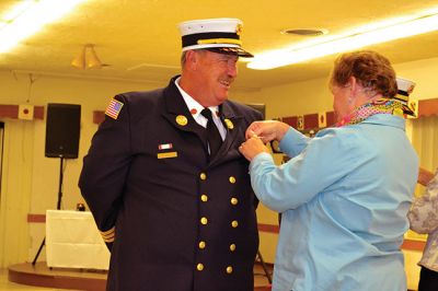 Marion Fire Department
The Marion Fire Department celebrated the careers of three of its retiring firefighters on November 8. Deputy Chiefs William Scott, Charles Blanchette, and Scott Cowell were toasted (and roasted) by Marion Fire Chief Thomas Joyce before family and friends at the Marion VFW Saturday night. The wives of MacDougal and Blanchette, and the daughter of Cowell, attached new deputy chief badges on the three gentlemen during the pinning ceremony, and the three selectmen honored the retiring chiefs with gifts. 
