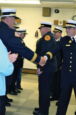 Marion Fire Department
The Marion Fire Department celebrated the careers of three of its retiring firefighters on November 8. Deputy Chiefs William Scott, Charles Blanchette, and Scott Cowell were toasted (and roasted) by Marion Fire Chief Thomas Joyce before family and friends at the Marion VFW Saturday night. The wives of MacDougal and Blanchette, and the daughter of Cowell, attached new deputy chief badges on the three gentlemen during the pinning ceremony, and the three selectmen honored the retiring chiefs with gifts. 
