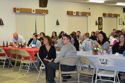 Marion Fire Department
The Marion Fire Department celebrated the careers of three of its retiring firefighters on November 8. Deputy Chiefs William Scott, Charles Blanchette, and Scott Cowell were toasted (and roasted) by Marion Fire Chief Thomas Joyce before family and friends at the Marion VFW Saturday night. The wives of MacDougal and Blanchette, and the daughter of Cowell, attached new deputy chief badges on the three gentlemen during the pinning ceremony, and the three selectmen honored the retiring chiefs with gifts. 
