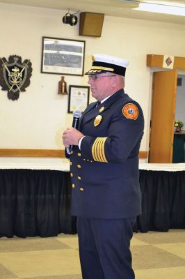 Marion Fire Department
The Marion Fire Department celebrated the careers of three of its retiring firefighters on November 8. Deputy Chiefs William Scott, Charles Blanchette, and Scott Cowell were toasted (and roasted) by Marion Fire Chief Thomas Joyce before family and friends at the Marion VFW Saturday night. The wives of MacDougal and Blanchette, and the daughter of Cowell, attached new deputy chief badges on the three gentlemen during the pinning ceremony, and the three selectmen honored the retiring chiefs with gifts. 
