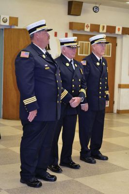 Marion Fire Department
The Marion Fire Department celebrated the careers of three of its retiring firefighters on November 8. Deputy Chiefs William Scott, Charles Blanchette, and Scott Cowell were toasted (and roasted) by Marion Fire Chief Thomas Joyce before family and friends at the Marion VFW Saturday night. The wives of MacDougal and Blanchette, and the daughter of Cowell, attached new deputy chief badges on the three gentlemen during the pinning ceremony, and the three selectmen honored the retiring chiefs with gifts. 
