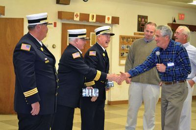 Marion Fire Department
The Marion Fire Department celebrated the careers of three of its retiring firefighters on November 8. Deputy Chiefs William Scott, Charles Blanchette, and Scott Cowell were toasted (and roasted) by Marion Fire Chief Thomas Joyce before family and friends at the Marion VFW Saturday night. The wives of MacDougal and Blanchette, and the daughter of Cowell, attached new deputy chief badges on the three gentlemen during the pinning ceremony, and the three selectmen honored the retiring chiefs with gifts. 
