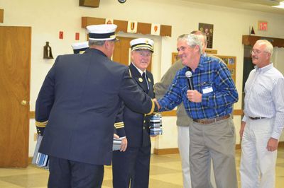 Marion Fire Department
The Marion Fire Department celebrated the careers of three of its retiring firefighters on November 8. Deputy Chiefs William Scott, Charles Blanchette, and Scott Cowell were toasted (and roasted) by Marion Fire Chief Thomas Joyce before family and friends at the Marion VFW Saturday night. The wives of MacDougal and Blanchette, and the daughter of Cowell, attached new deputy chief badges on the three gentlemen during the pinning ceremony, and the three selectmen honored the retiring chiefs with gifts. 
