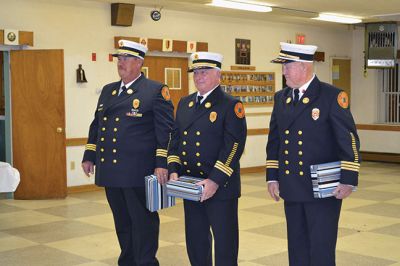 Marion Fire Department
The Marion Fire Department celebrated the careers of three of its retiring firefighters on November 8. Deputy Chiefs William Scott, Charles Blanchette, and Scott Cowell were toasted (and roasted) by Marion Fire Chief Thomas Joyce before family and friends at the Marion VFW Saturday night. The wives of MacDougal and Blanchette, and the daughter of Cowell, attached new deputy chief badges on the three gentlemen during the pinning ceremony, and the three selectmen honored the retiring chiefs with gifts. 
