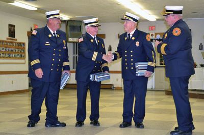 Marion Fire Department
The Marion Fire Department celebrated the careers of three of its retiring firefighters on November 8. Deputy Chiefs William Scott, Charles Blanchette, and Scott Cowell were toasted (and roasted) by Marion Fire Chief Thomas Joyce before family and friends at the Marion VFW Saturday night. The wives of MacDougal and Blanchette, and the daughter of Cowell, attached new deputy chief badges on the three gentlemen during the pinning ceremony, and the three selectmen honored the retiring chiefs with gifts. 
