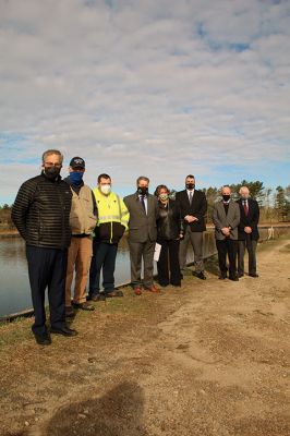 Marion Wastewater Treatment Plant Assistant
Representative William Straus, Marion Sewer Superintendent Frank Cooper, Wastewater Treatment Plant Assistant Operator Nathaniel Munafo, Marion Board of Selectmen Chairman Randy Parker, Finance Director Judy Mooney, Town Administrator Jay McGrail, and Selectmen John Waterman and Norm Hills gathered on April 2 at the wastewater treatment plant off Benson Brook Road, where Straus presented the Marion delegates with a $250,000 check. Photo by Mick Colageo
