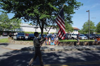 A procession on Front Street that began at the Music Hall culminated with Marion’s Memorial Day Remembrance ceremony at Old Landing. From left, Marion Select Board members Norm Hills, Toby Burr and Randy Parker, Town Administrator Jay McGrail, keynote speaker former U.S. Marines Corporal Jack McLean and master of ceremonies Air Force Major Andrew Bonney. Contributing to the observances were Father Eric Fialho of St. Gabriel’s Episcopal Church, Boy Scouts, Girl Scouts, Cub Scouts and Brownies, the Sippican E
