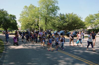 A procession on Front Street that began at the Music Hall culminated with Marion’s Memorial Day Remembrance ceremony at Old Landing. From left, Marion Select Board members Norm Hills, Toby Burr and Randy Parker, Town Administrator Jay McGrail, keynote speaker former U.S. Marines Corporal Jack McLean and master of ceremonies Air Force Major Andrew Bonney. Contributing to the observances were Father Eric Fialho of St. Gabriel’s Episcopal Church, Boy Scouts, Girl Scouts, Cub Scouts and Brownies, the Sippican E

