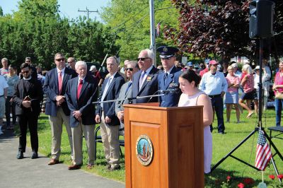 Marion’s Memorial Day 
A procession on Front Street that began at the Music Hall culminated with Marion’s Memorial Day Remembrance ceremony at Old Landing. From left, Marion Select Board members Norm Hills, Toby Burr and Randy Parker, Town Administrator Jay McGrail, keynote speaker former U.S. Marines Corporal Jack McLean and master of ceremonies Air Force Major Andrew Bonney. Contributing to the observances were Father Eric Fialho of St. Gabriel’s Episcopal Church, Boy Scouts, Girl Scouts, Cub Scouts and Brownies, the Sippican E
