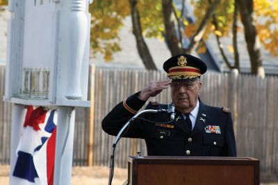 Marion Veterans Day Observance
During the Marion Veterans Day observance on Friday morning, the townspeople of Marion expressed a heartfelt thank you to the Benjamin D. Cushing VFW Post 2425, which in return gave a moving farewell as it disbanded this year and donated the VFW building to the town. Emotions were evident on the faces of the VFW Post 2425 members, as well as selectmen and those in attendance. Photos by Jean Perry
